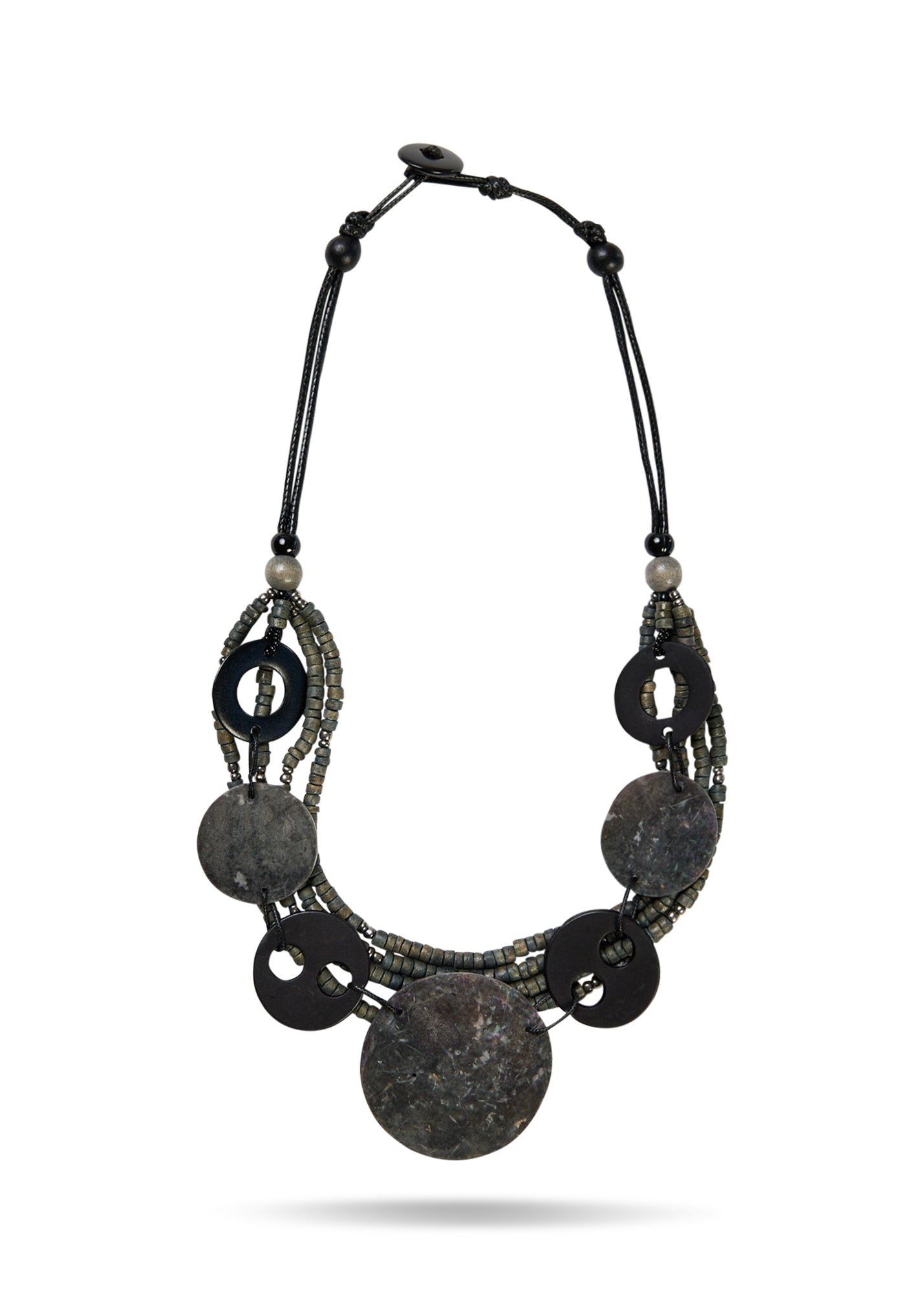 Large gray necklace of rows of beads and coconut discs
