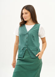 Green vest with angled pockets and tie-back