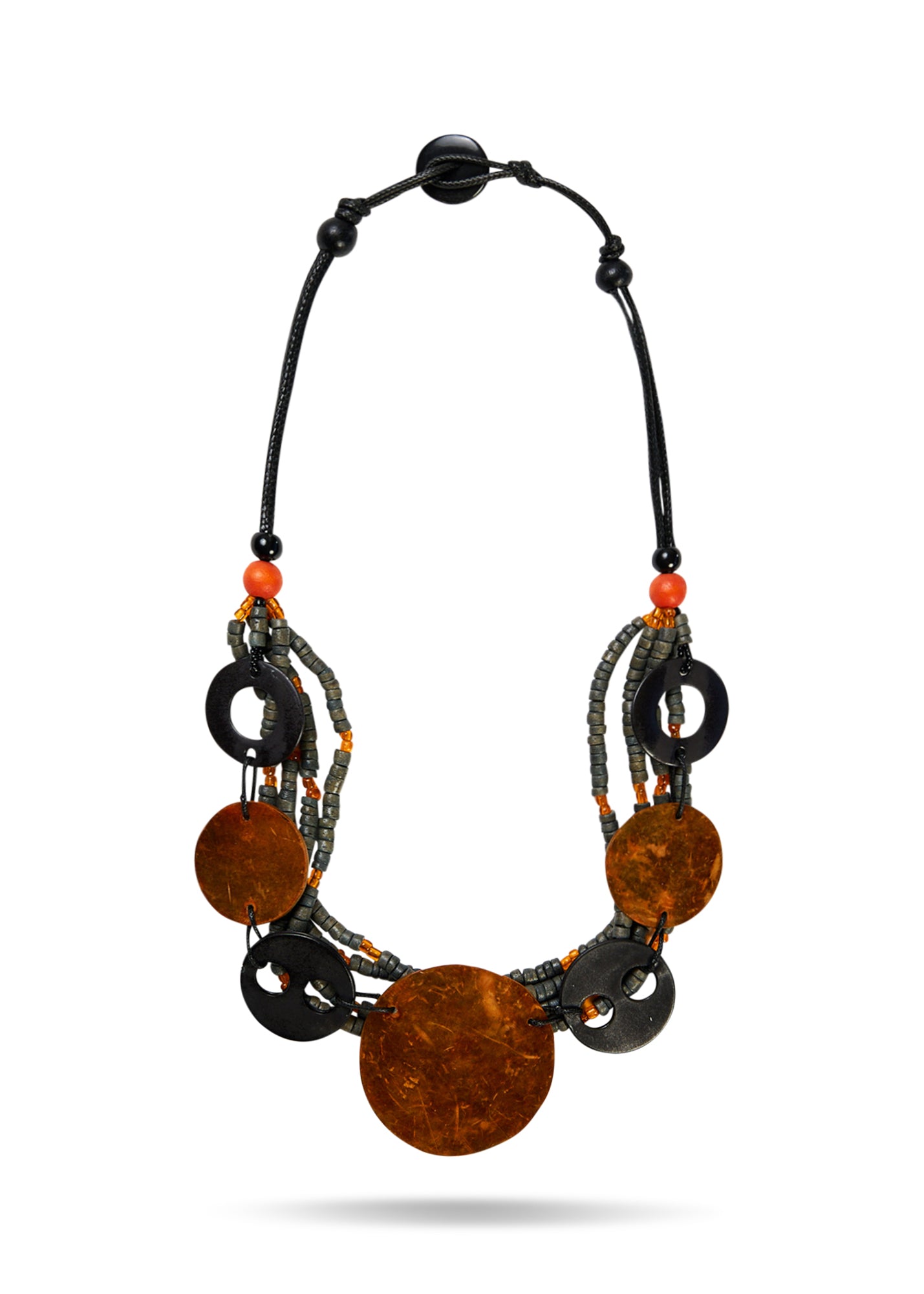 Large orange necklace of rows of beads and coconut discs