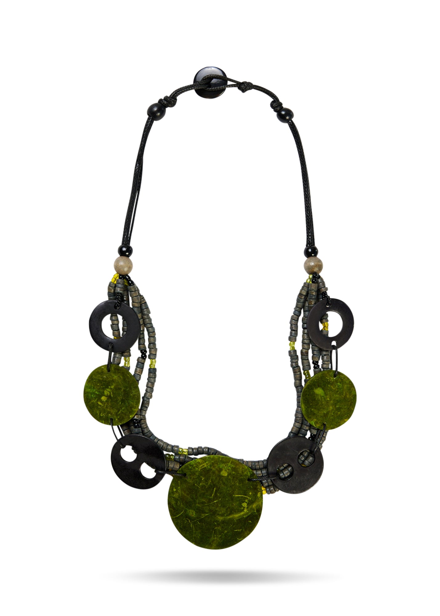 Large green necklace of rows of beads and coconut discs