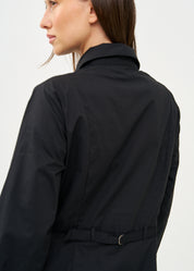 Long sleeve buttoned dress with two hanging pockets, black