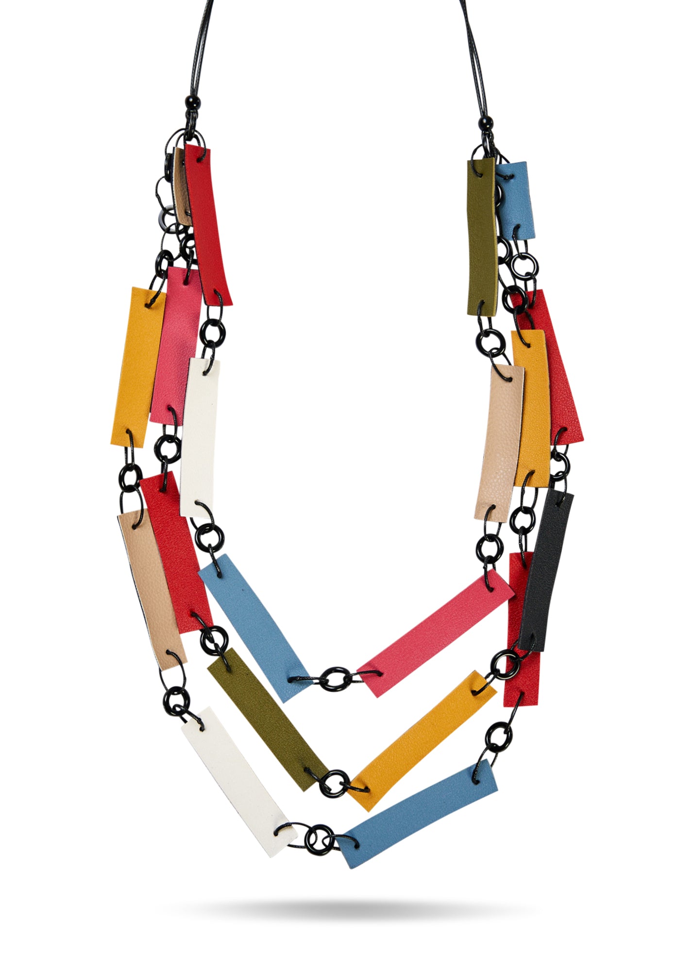 Leather necklace made of connected colored rectangles