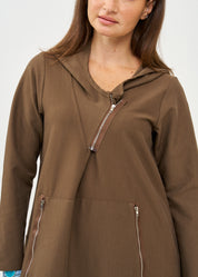 Long sleeve dress with hat and brown zipper