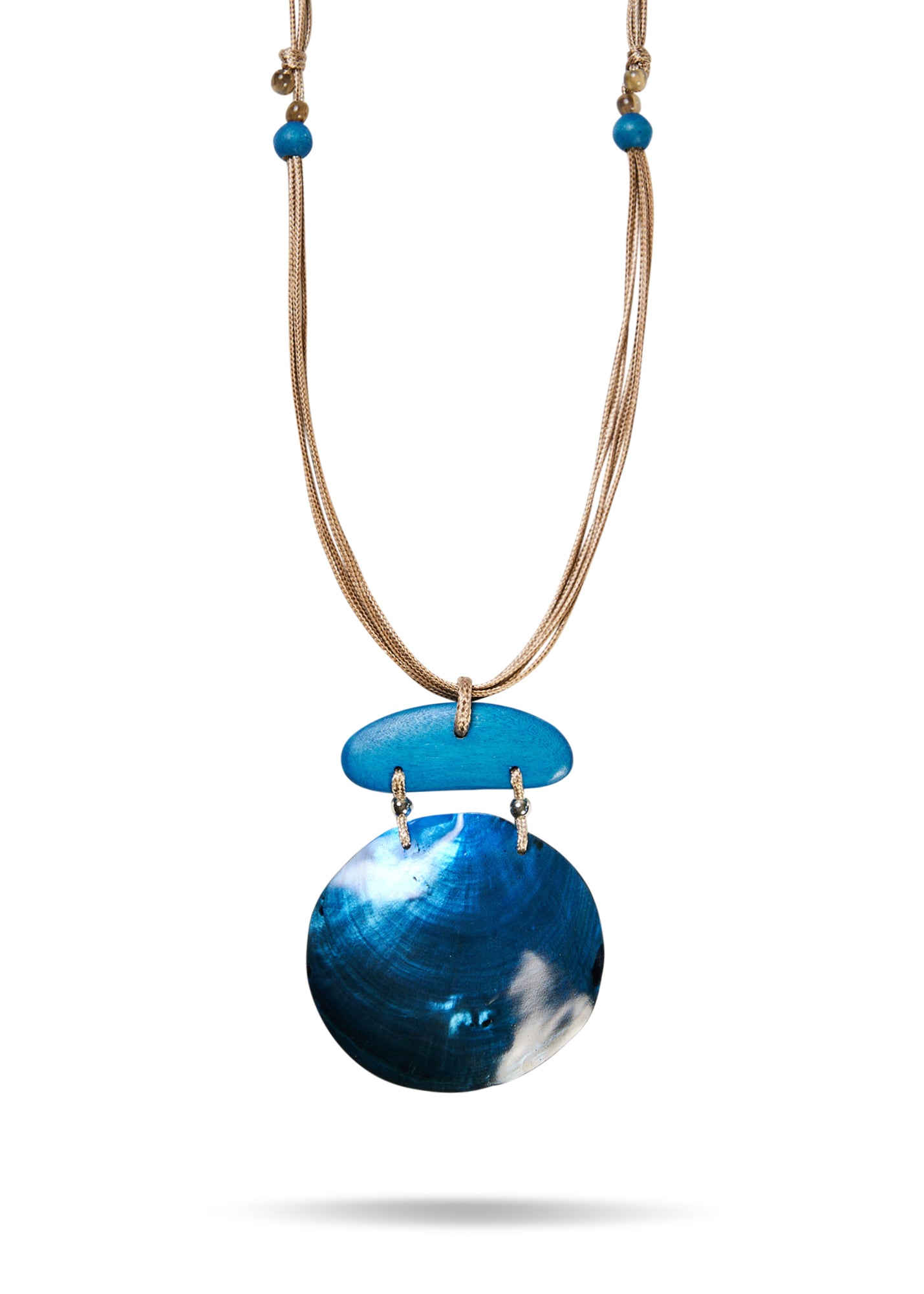 Large blue wood and shell pendant necklace