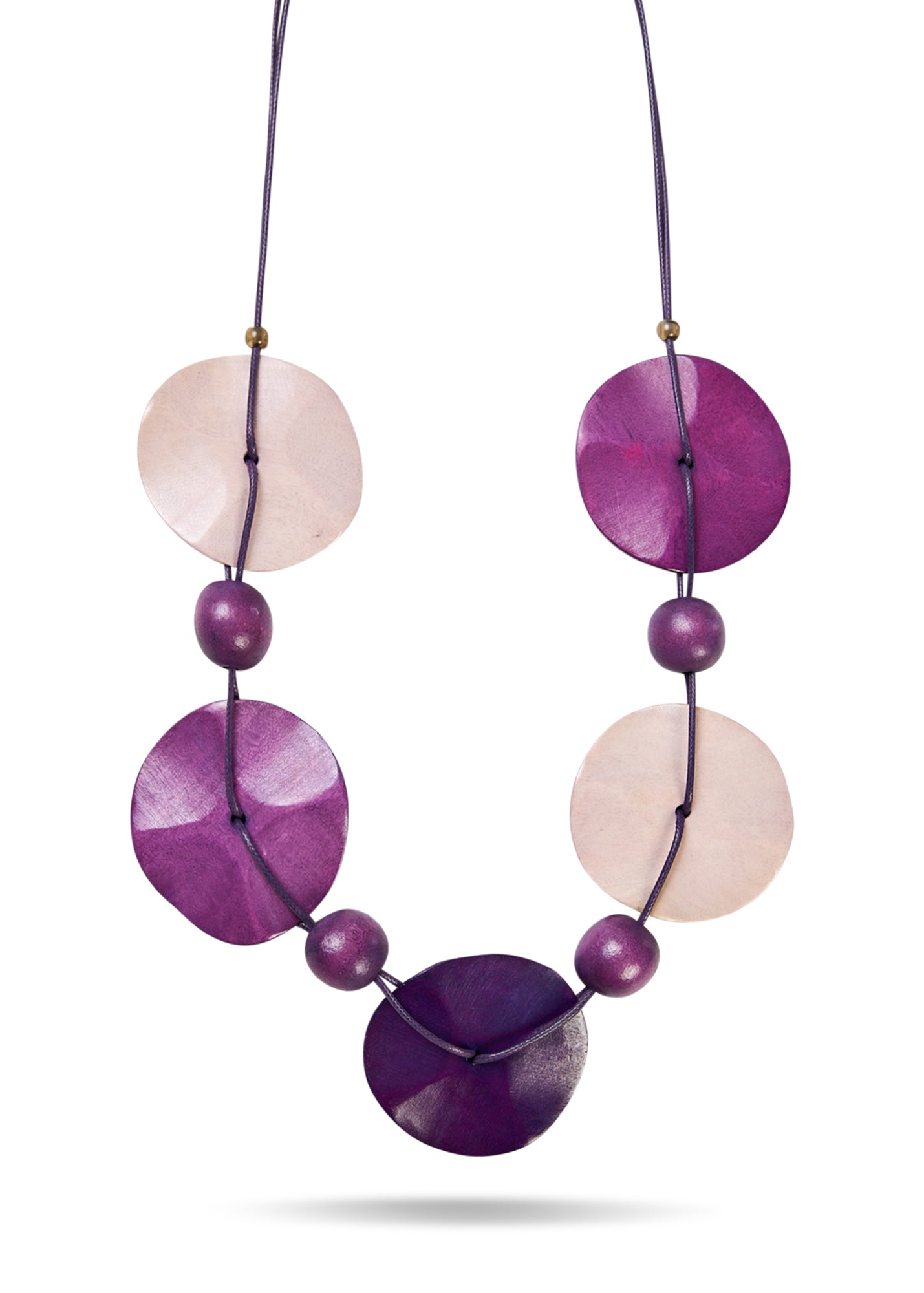 Handmade necklace, large wooden circles and beads, purple