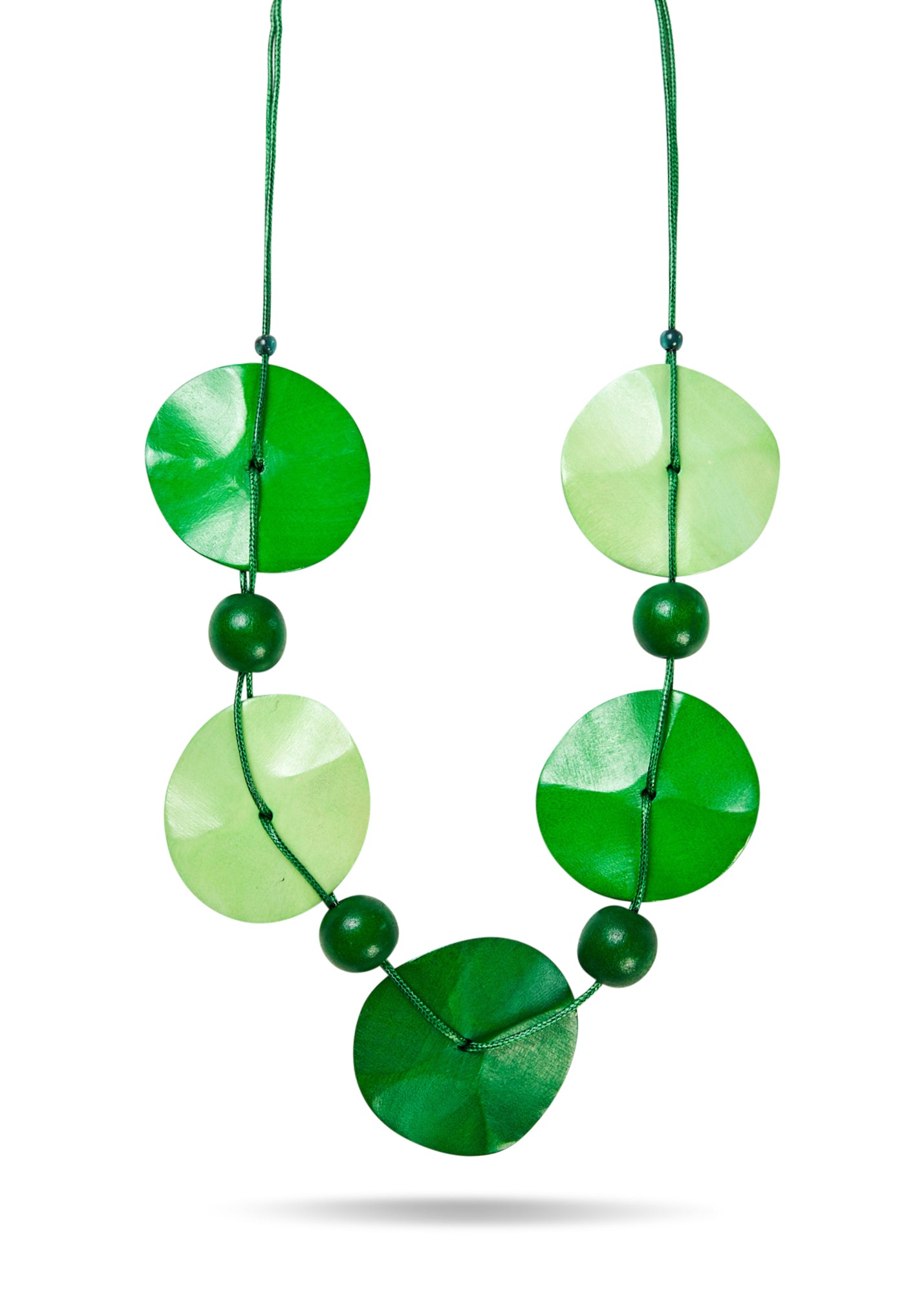 Handmade necklace, large wooden circles and beads, green