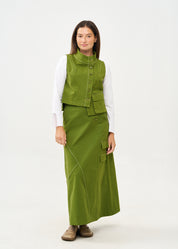 Green asymmetrical vest with prominent stitching