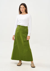 Asymmetrical cut skirt with prominent stitching in green
