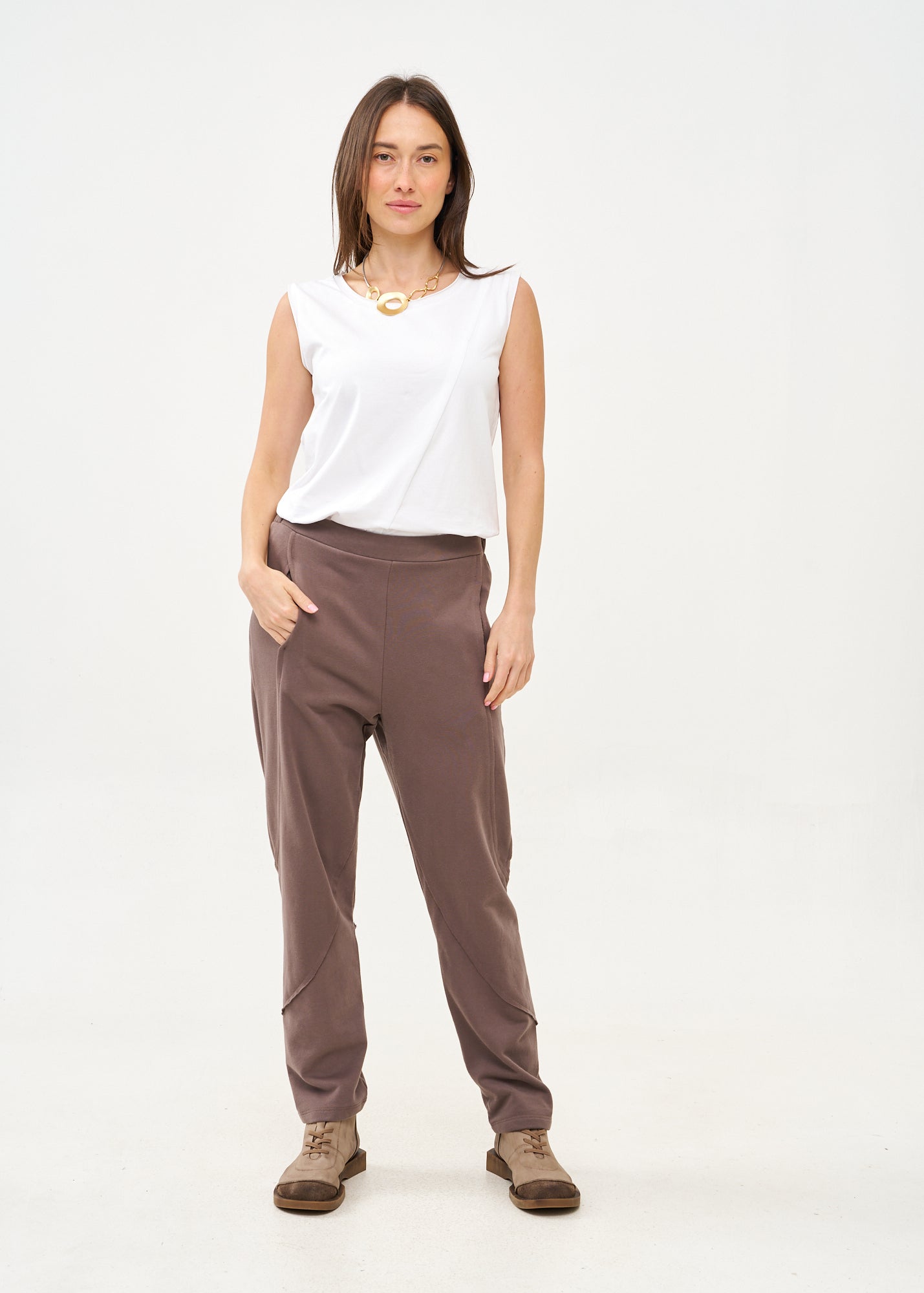 Brown French Terry Pants with External Cuts