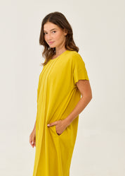 Mustard short-sleeve dress with prominent seams