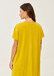 Mustard short-sleeve dress with prominent seams