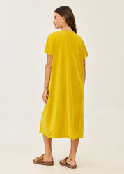 Mustard short-sleeve dress with prominent seams