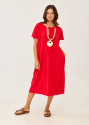Red short-sleeve dress with prominent stitching