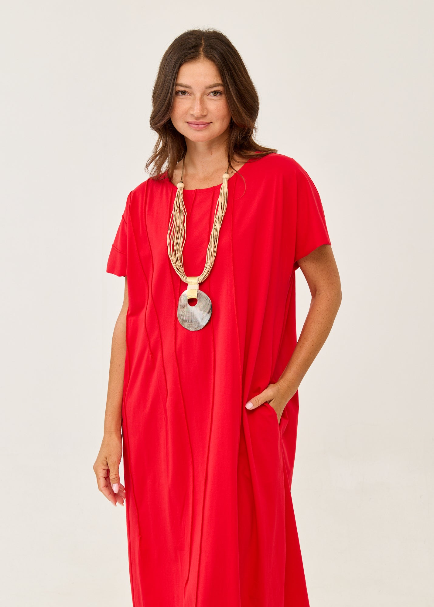 Red short-sleeve dress with prominent stitching