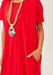 Red short-sleeve dress with prominent stitching