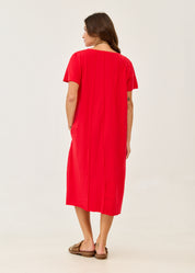 Red short-sleeve dress with prominent stitching