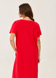 Red short-sleeve dress with prominent stitching