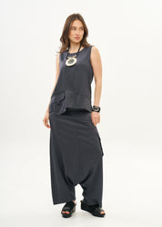 Tank top with hanging pocket and dark gray ribbons