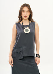 Tank top with hanging pocket and dark gray ribbons