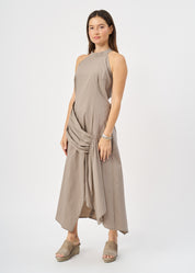 Halter-neck dress with ruching and a brown ribbon