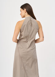 Halter-neck dress with ruching and a brown ribbon