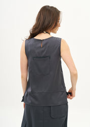 Tank top with hanging pocket and dark gray ribbons