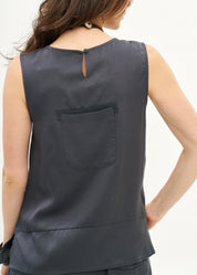Tank top with hanging pocket and dark gray ribbons
