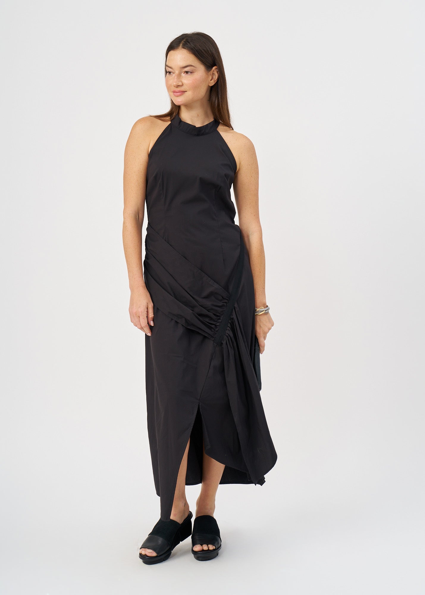 Halter neck dress with gathers and a black ribbon
