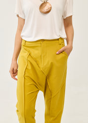 Pants with cutouts, button, and mustard zipper