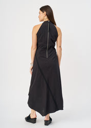 Halter neck dress with gathers and a black ribbon