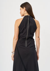 Halter neck dress with gathers and a black ribbon