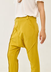 Pants with cutouts, button, and mustard zipper