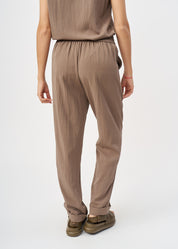 Brown pleated twill pants with a hem