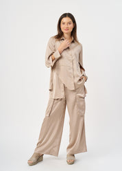 Brown satin button-down shirt with open sleeves