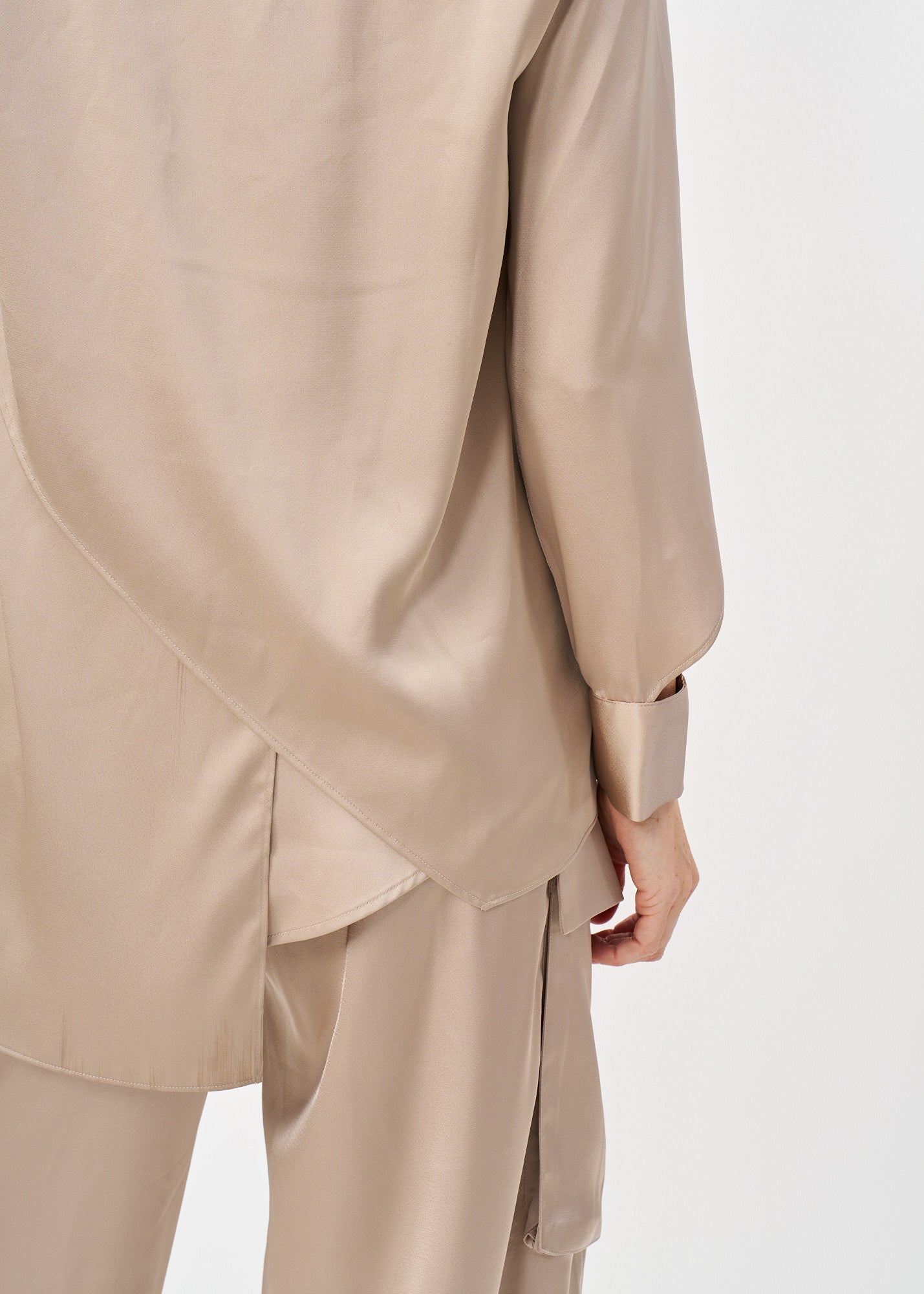 Brown satin button-down shirt with open sleeves