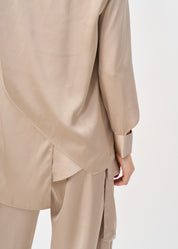 Brown satin button-down shirt with open sleeves
