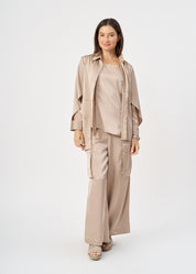 Brown satin button-down shirt with open sleeves