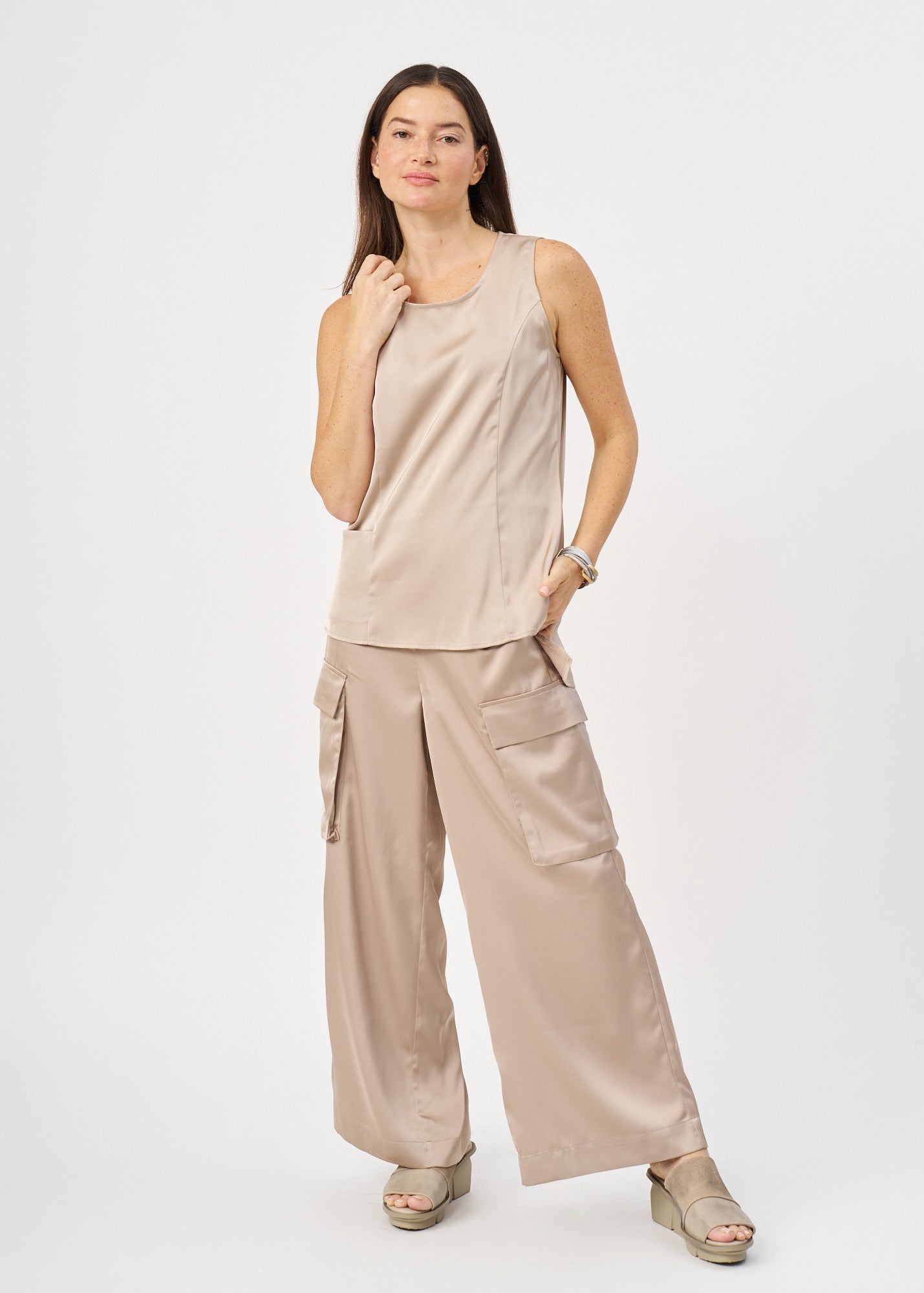 Brown satin pocket tank top