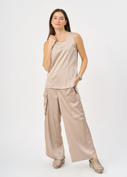 Brown satin pocket tank top