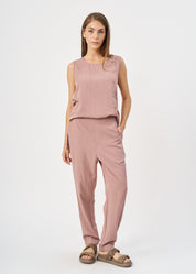 Pleated twill fabric pants with pink hem
