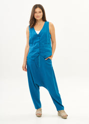 Blue long buttoned linen baggy pants