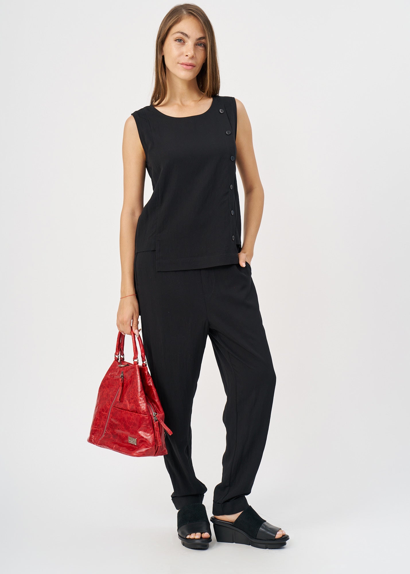 Black tiered tank top with buttons