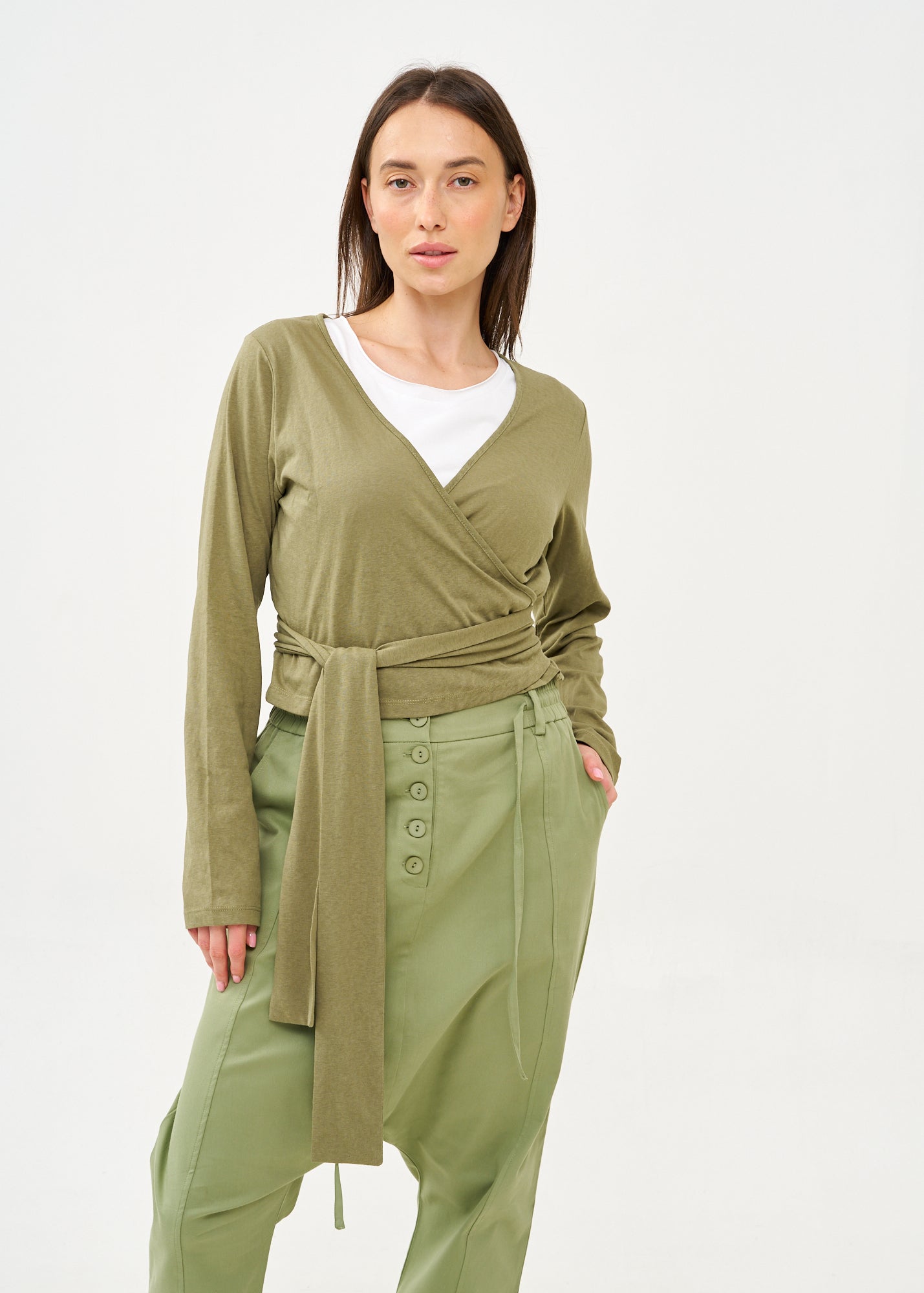 Green long sleeve tie-waist top
