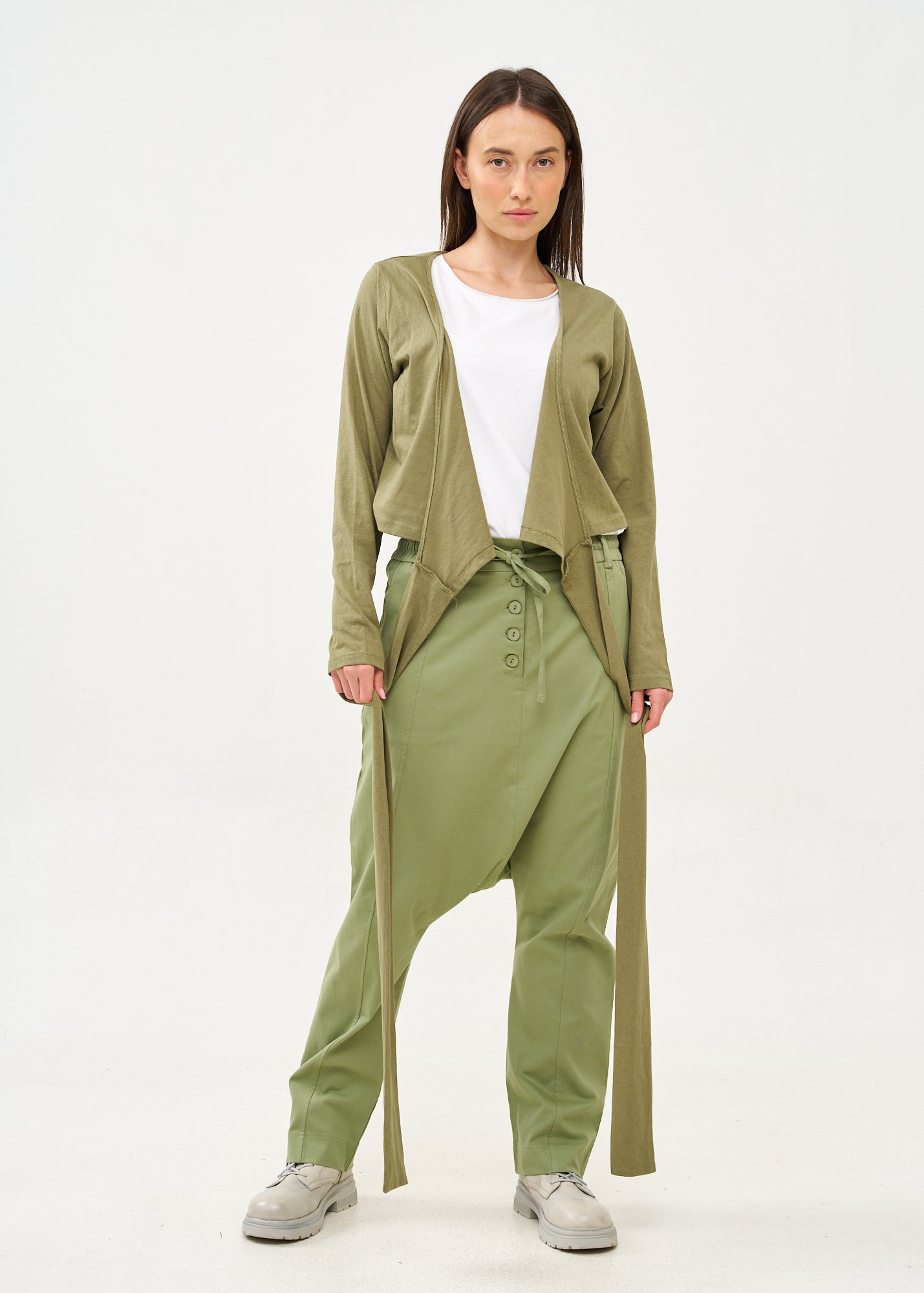 Green long sleeve tie-waist top