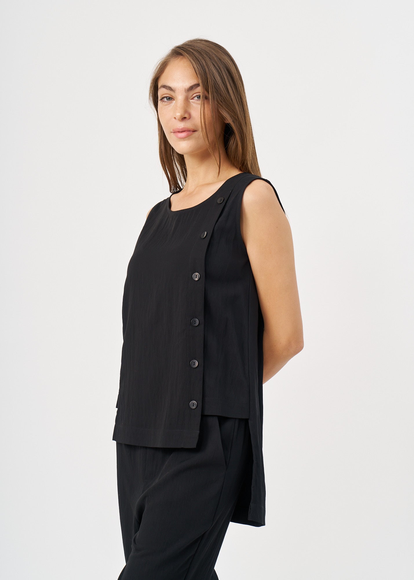 Black tiered tank top with buttons