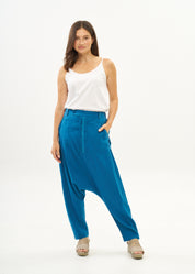 Blue long buttoned linen baggy pants