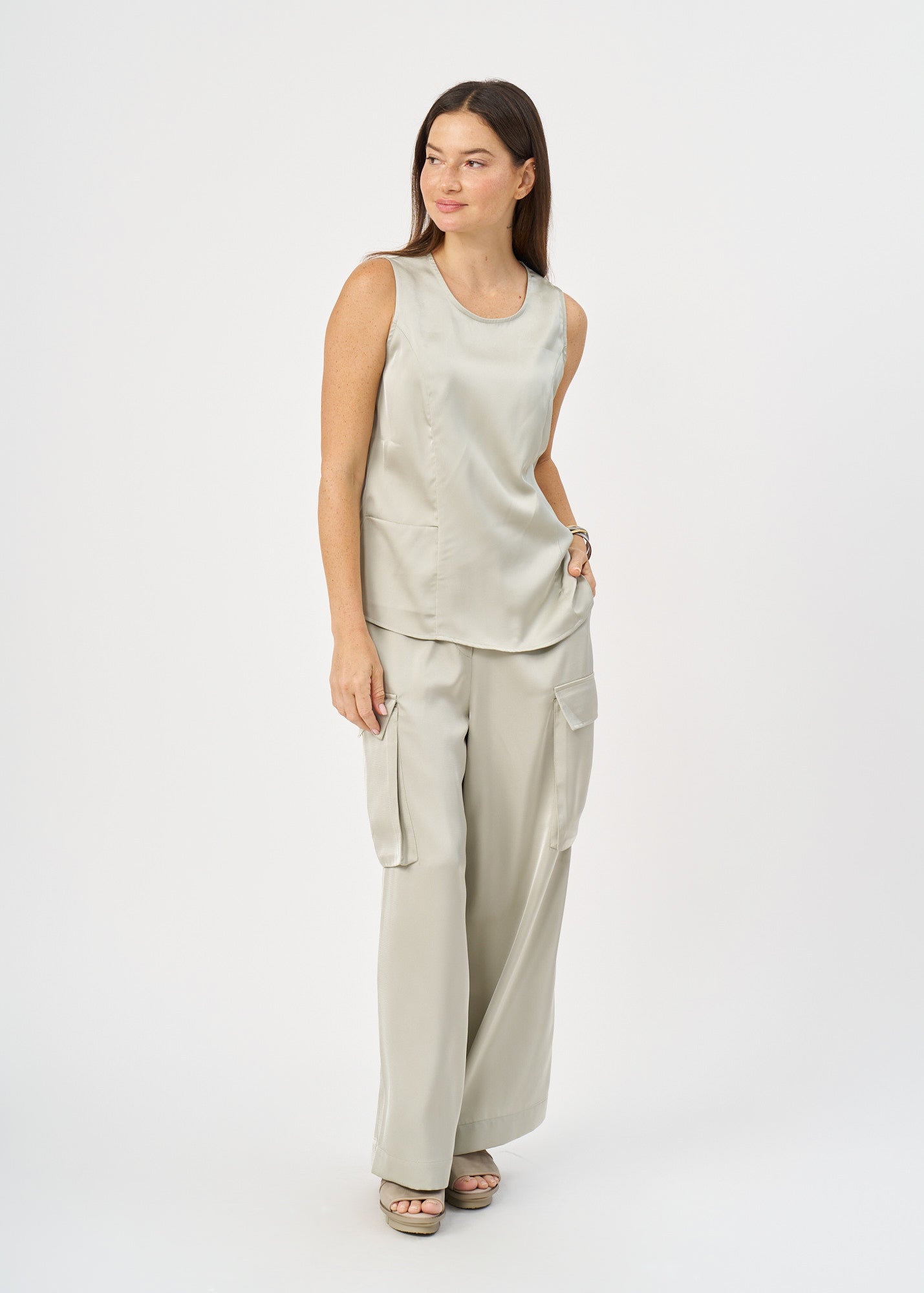 Green satin pocket tank top