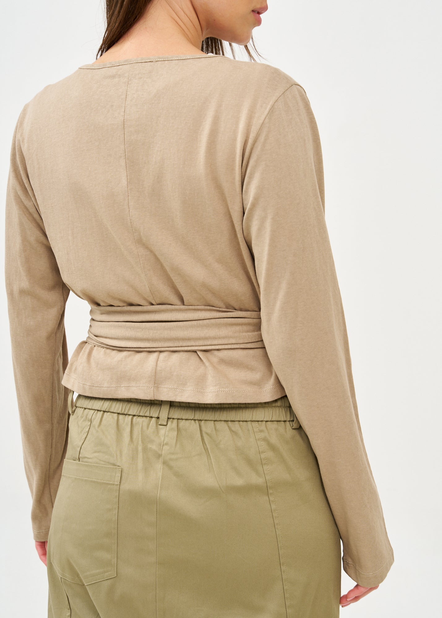 Brown long sleeve tie-waist top