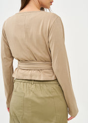 Brown long sleeve tie-waist top