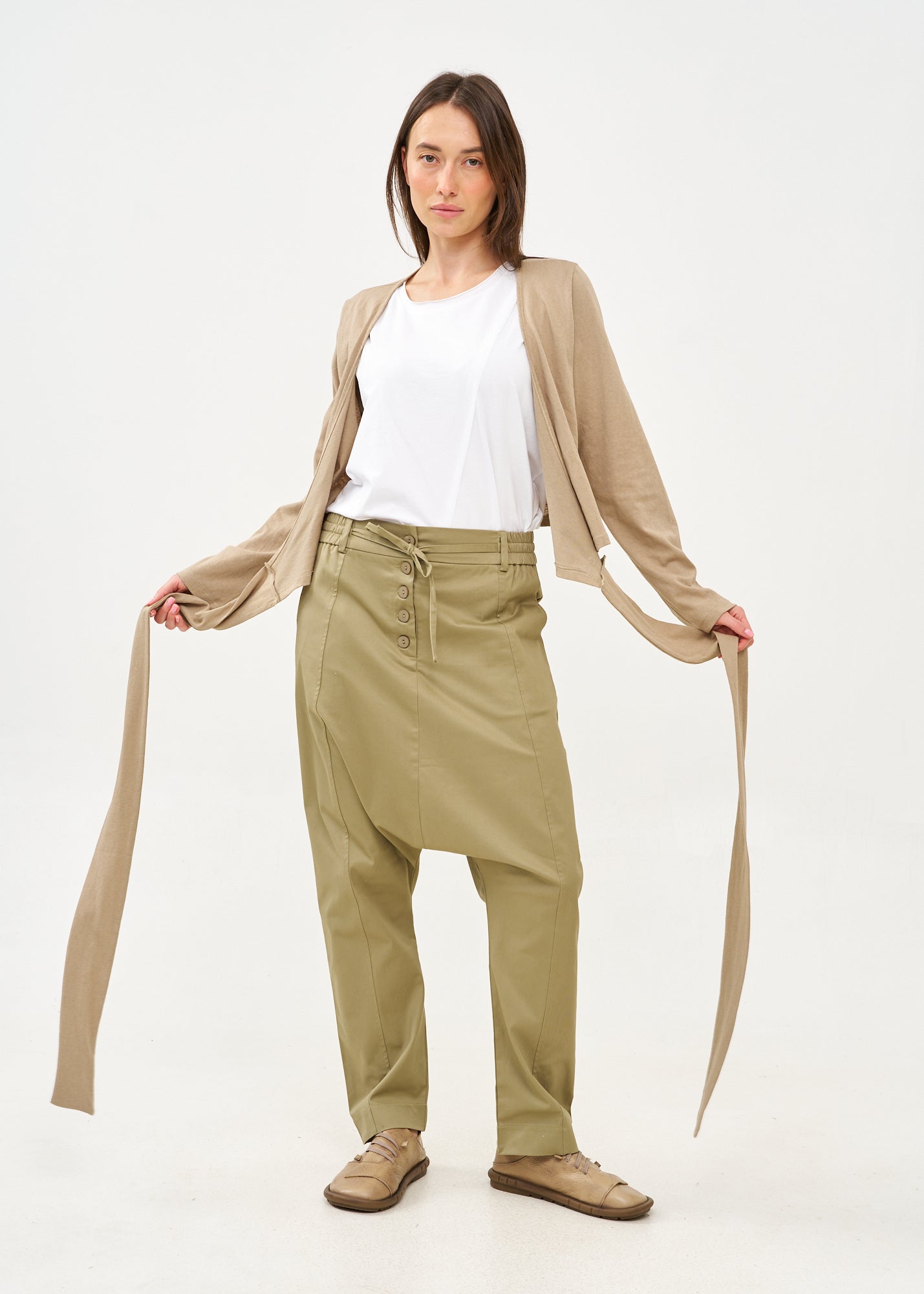 Brown long sleeve tie-waist top